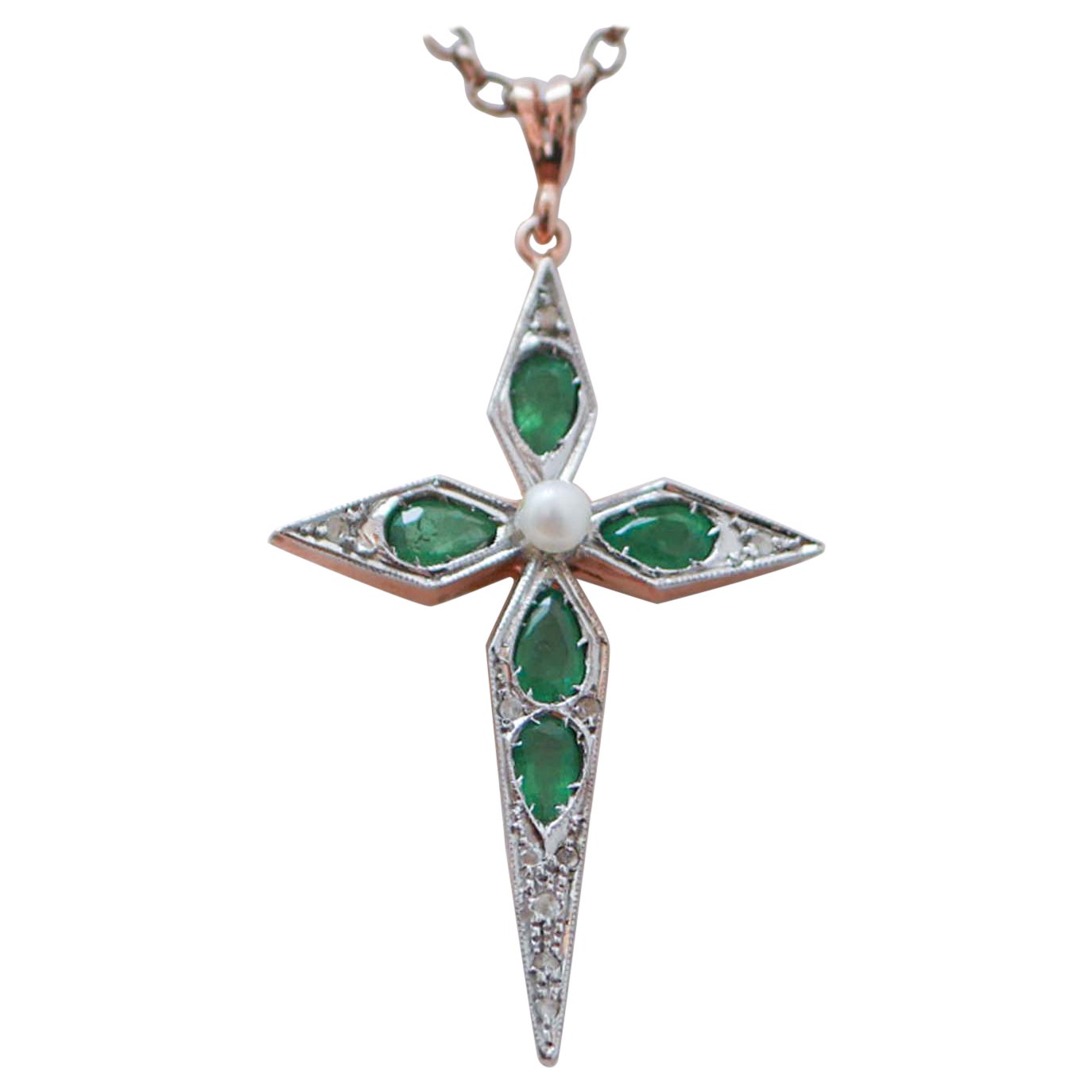 Diamonds, Emeralds, Pearl, Rose Gold and Silver Cross Pendant. For Sale