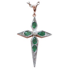 Diamonds, Emeralds, Pearl, Rose Gold and Silver Cross Pendant.