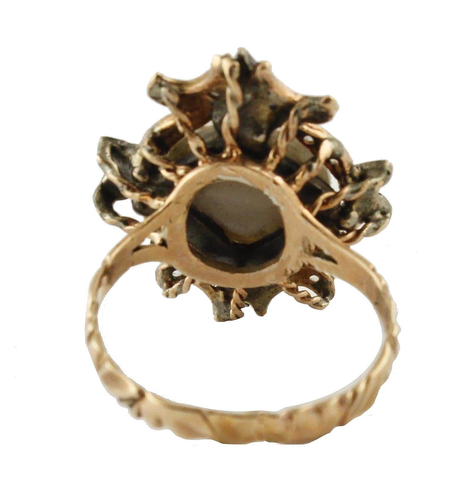 Diamanten Smaragde Perle Rose Gold und Silber Mode Ring (Gemischter Schliff) im Angebot