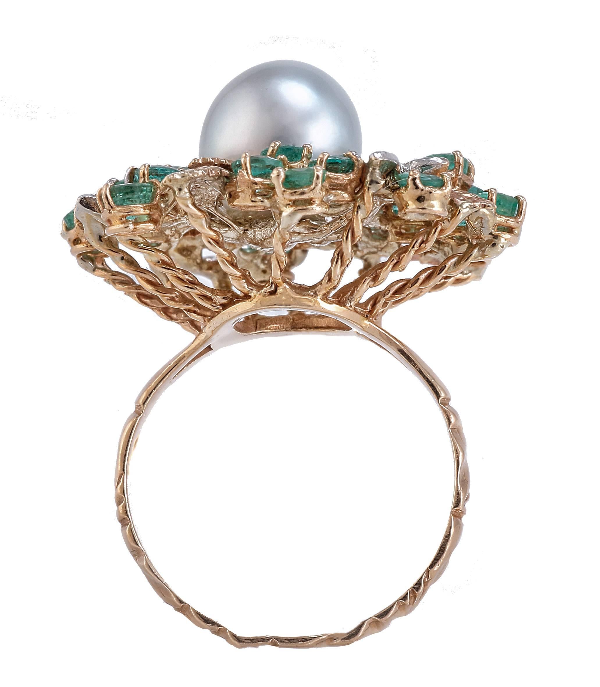 Mixed Cut Diamonds Emeralds Pearl White and Rose Gold Ring For Sale