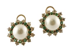 Diamonds, Emeralds, Pearls, 14 Karat Rose Gold Earrings
