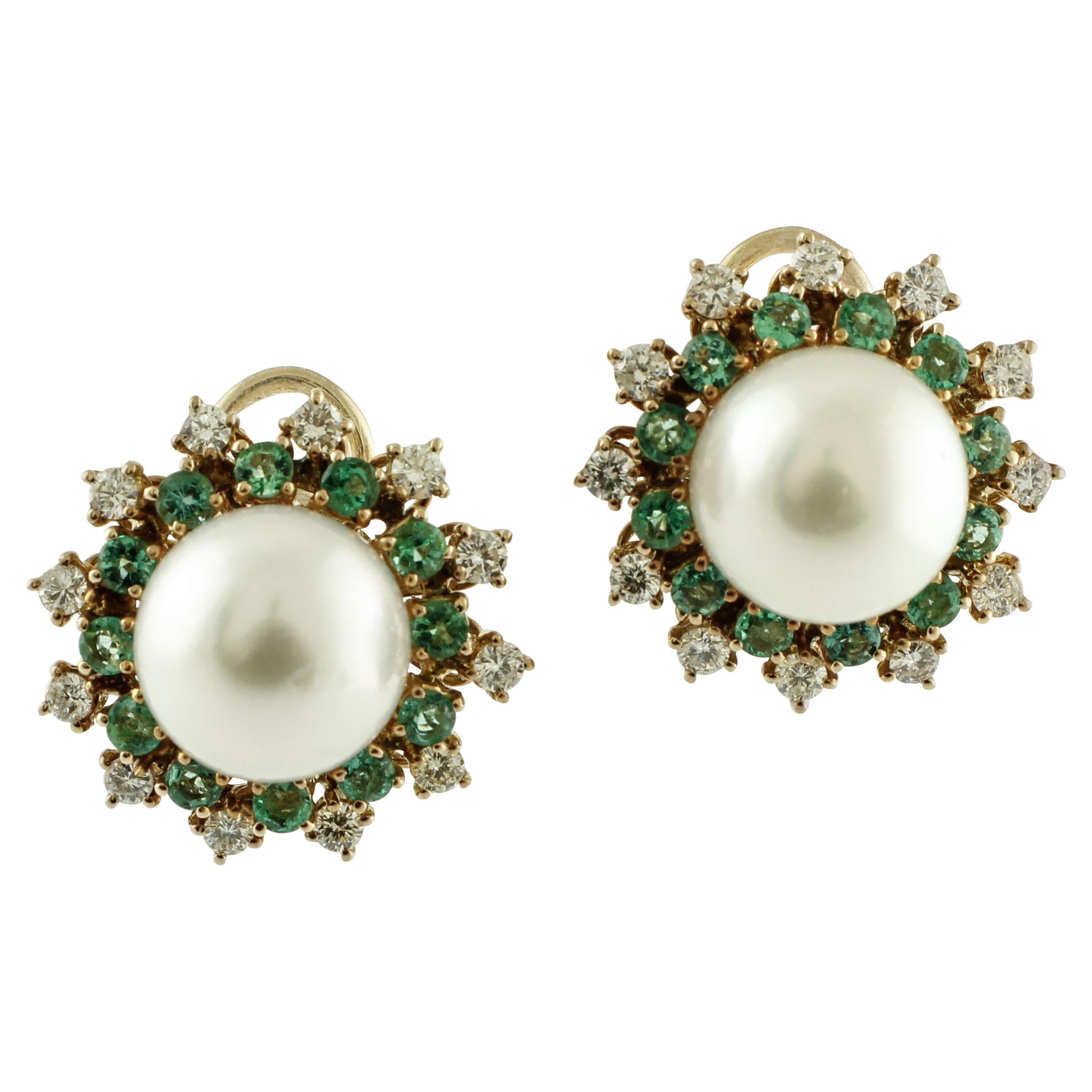 Diamonds, Emeralds, Pearls, 14 Karat Rose Gold Earrings