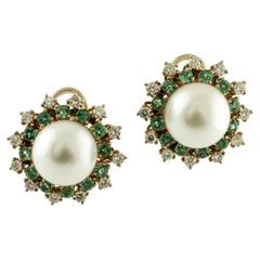 Retro Diamonds, Emeralds, Pearls, 14 Karat Rose Gold Earrings