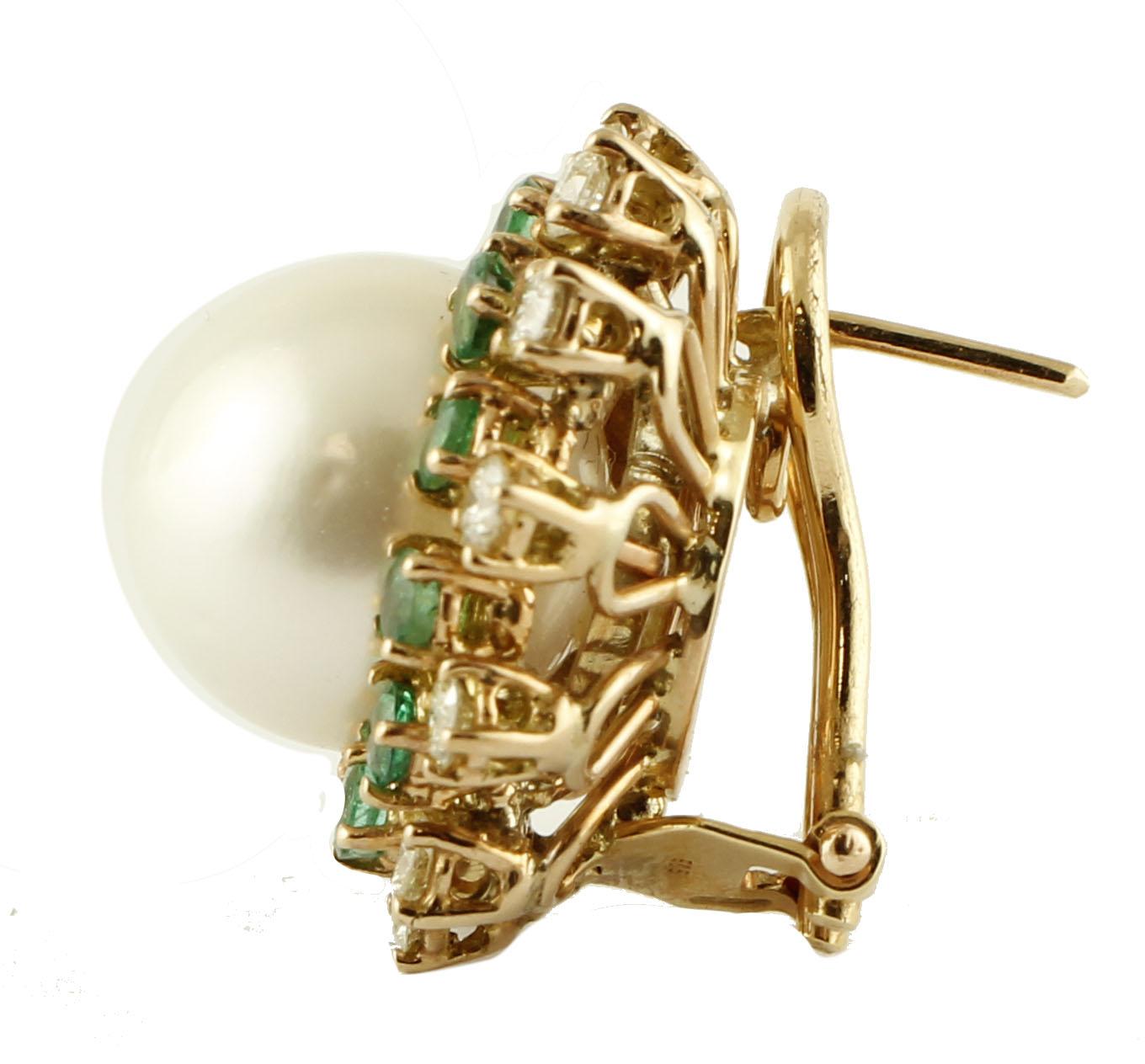 Mixed Cut Diamonds, Emeralds, Pearls, 14 Karat Rose Gold Earrings For Sale