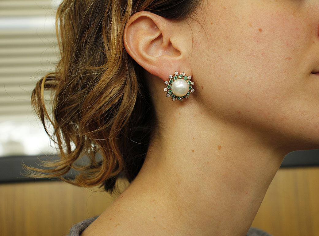 Diamonds, Emeralds, Pearls, 14 Karat Rose Gold Earrings For Sale 2