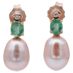 Diamonds, Emeralds, Pearls, 18 Karat Rose Gold Beaded Drop Earrings