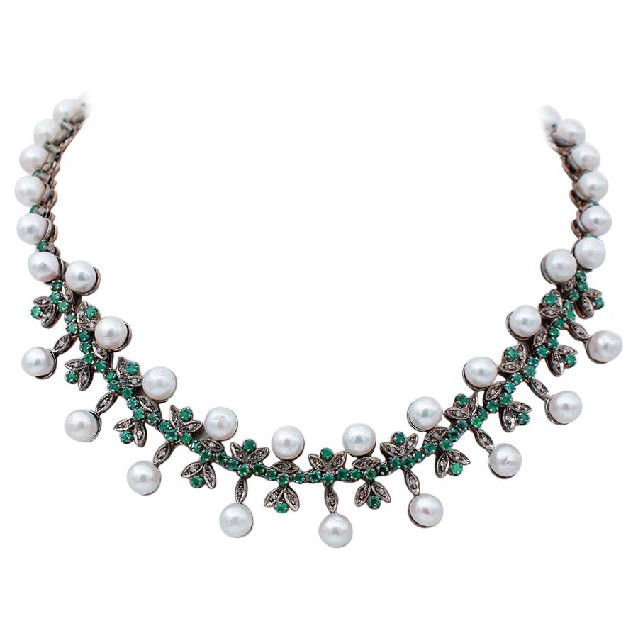 Diamonds, Emeralds, Pearls, 9 Karat Rose Gold and Silver Necklace For Sale