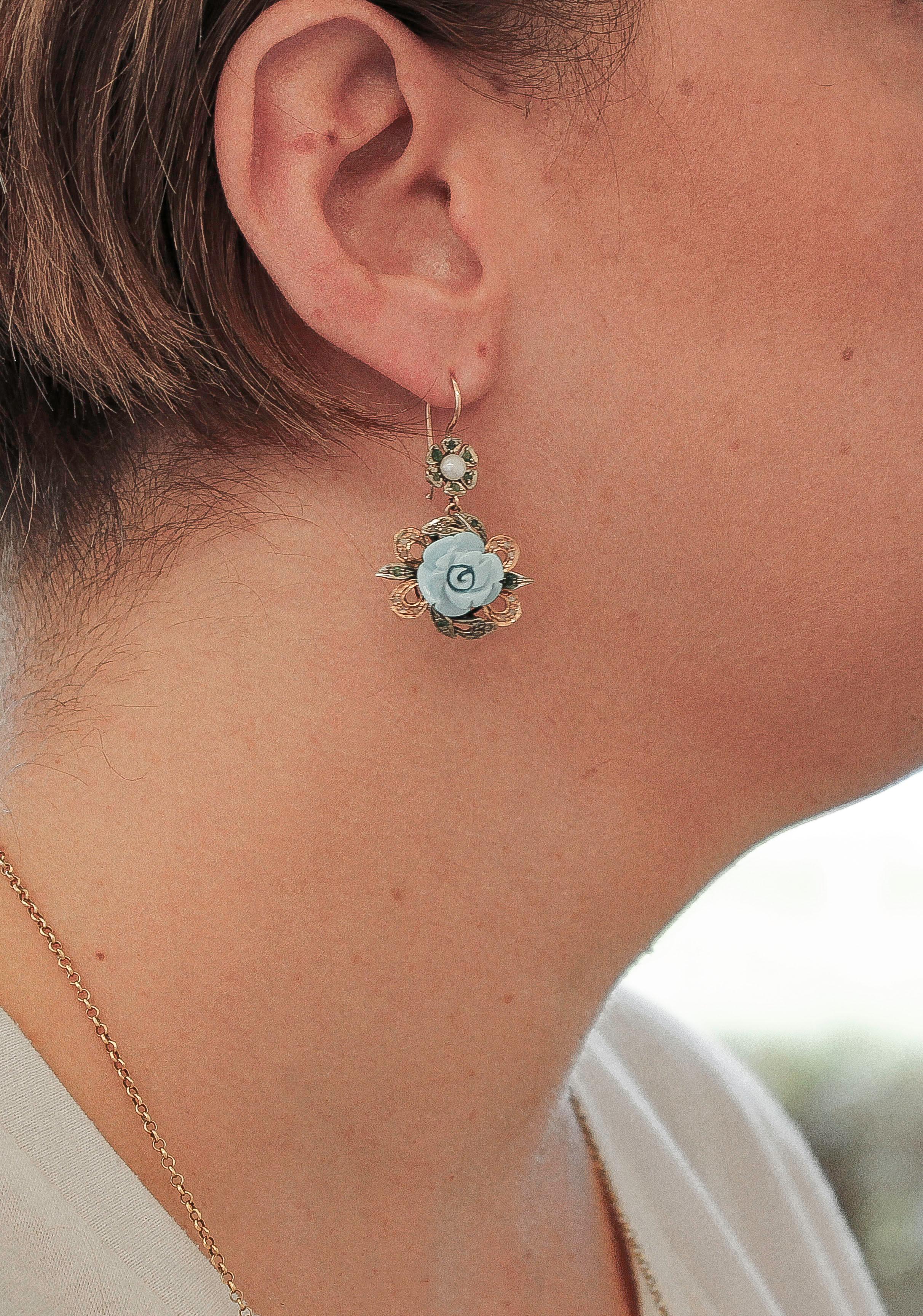 Women's Diamonds, Emeralds, Pearls, Hard Stones, 9 Karat Rose Gold and Silver Earrings