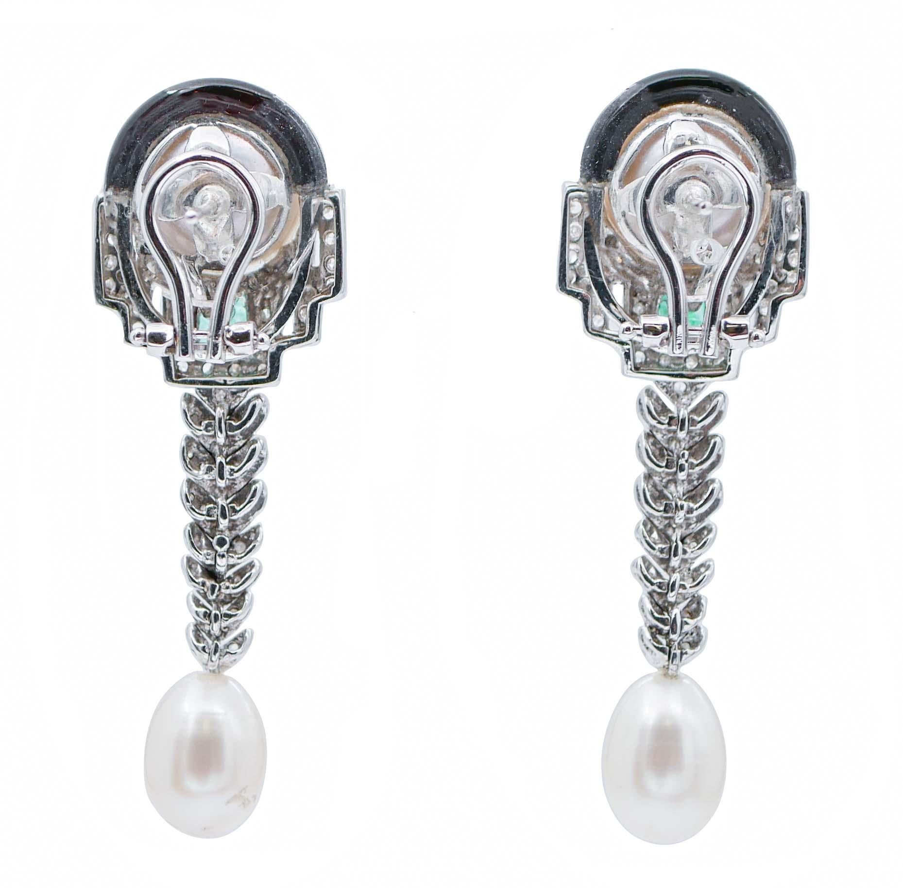 Retro Diamonds, Emeralds, Pearls, Onyx, 14 Karat White Gold Dangle Earrings