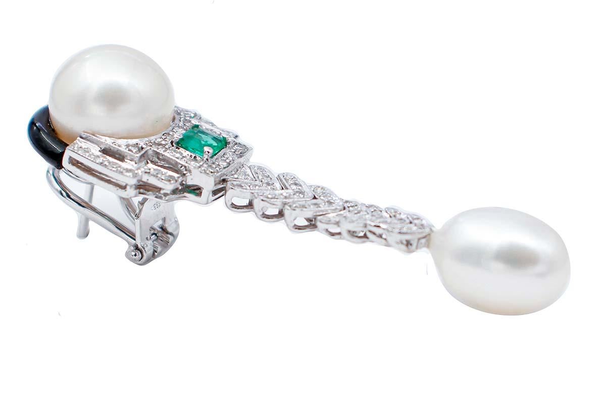 Mixed Cut Diamonds, Emeralds, Pearls, Onyx, 14 Karat White Gold Dangle Earrings