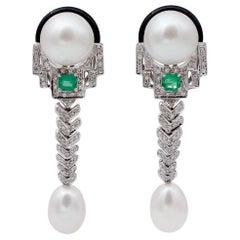 Diamonds, Emeralds, Pearls, Onyx, 14 Karat White Gold Dangle Earrings