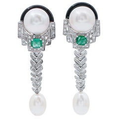 Diamonds, Emeralds, Pearls, Onyx, 14 Karat White Gold Dangle Earrings