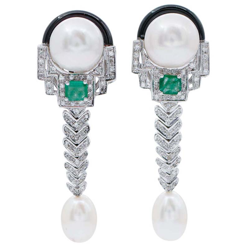 Diamonds, Emeralds, Pearls, Onyx, 14 Karat White Gold Dangle Earrings For Sale