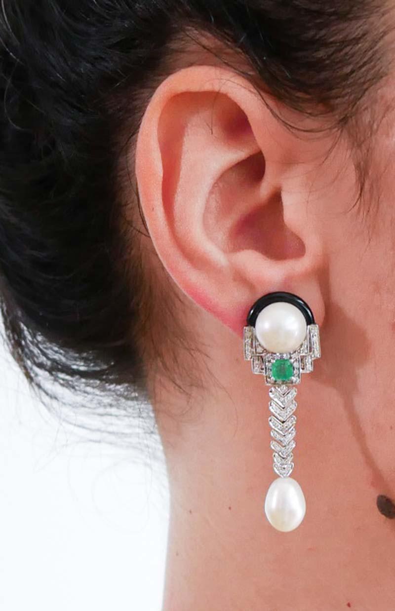 Diamants, émeraudes,  Boucles d'oreilles pendantes en Perles, Onyx, Platine et Or blanc 14 Kt Neuf - En vente à Marcianise, Marcianise (CE)