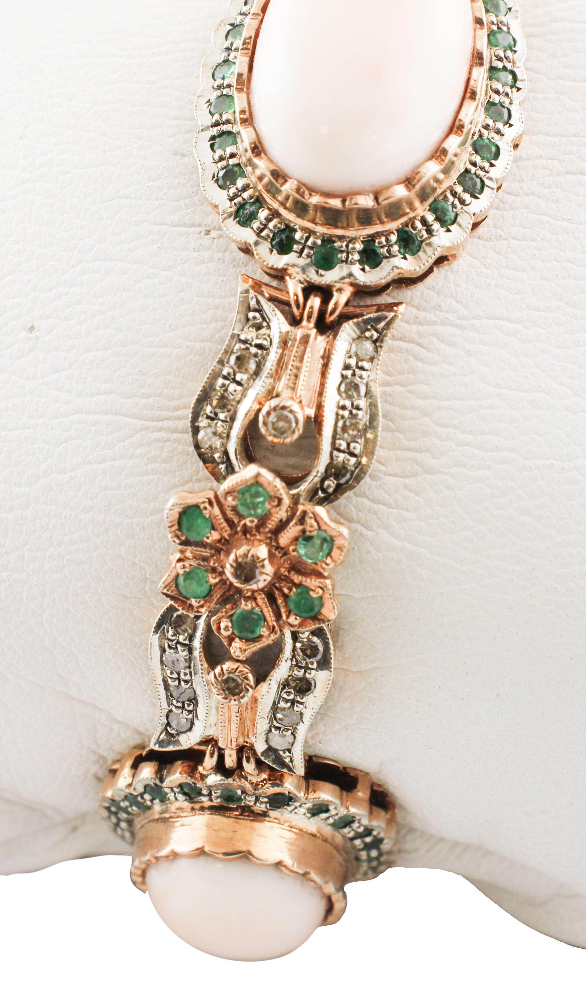 Women's Diamonds, Emeralds, Oval Shape Pink Corals Rose Gold/Silver Link Fashion Bracelet