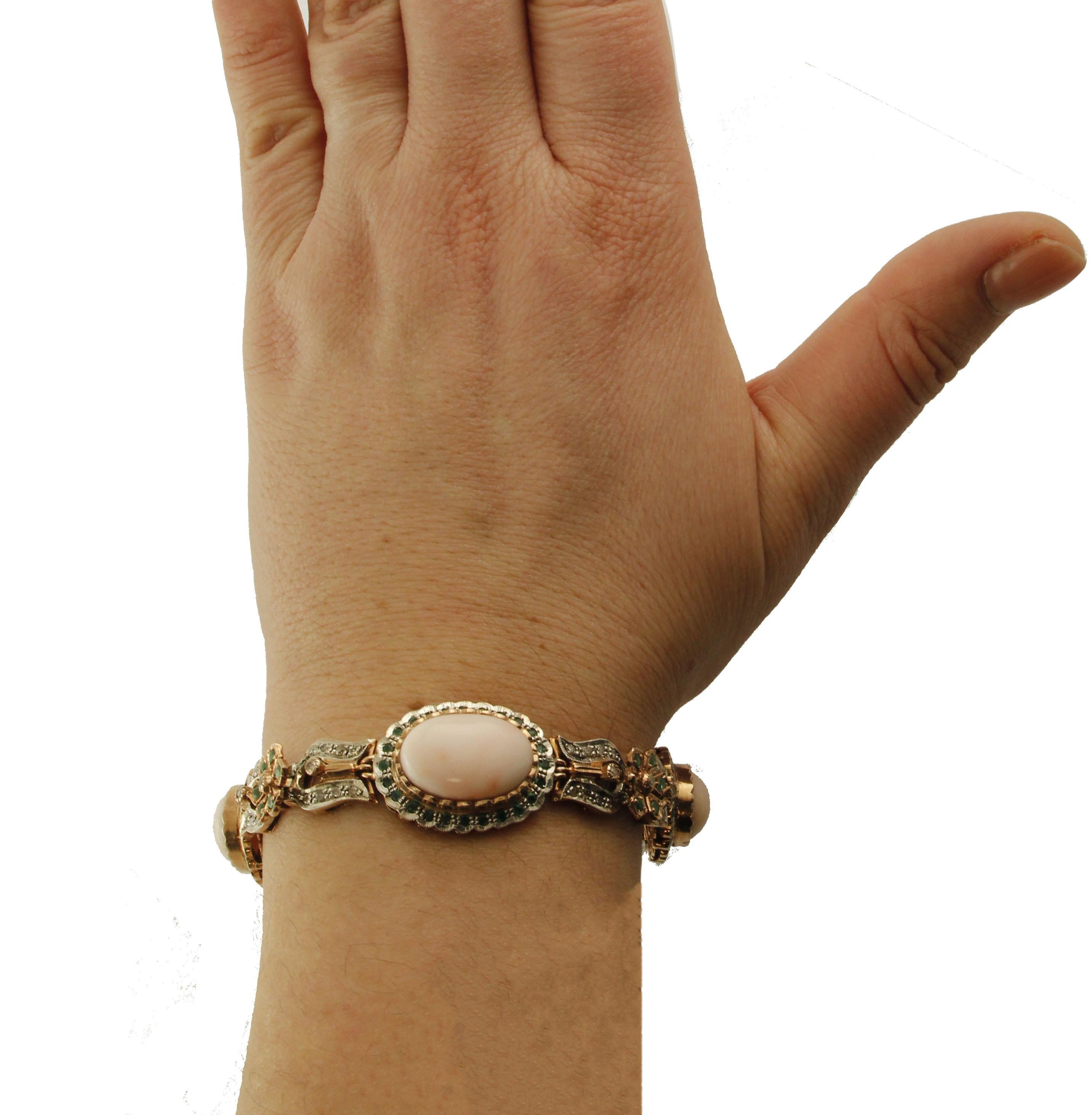 Diamonds, Emeralds, Oval Shape Pink Corals Rose Gold/Silver Link Fashion Bracelet 1