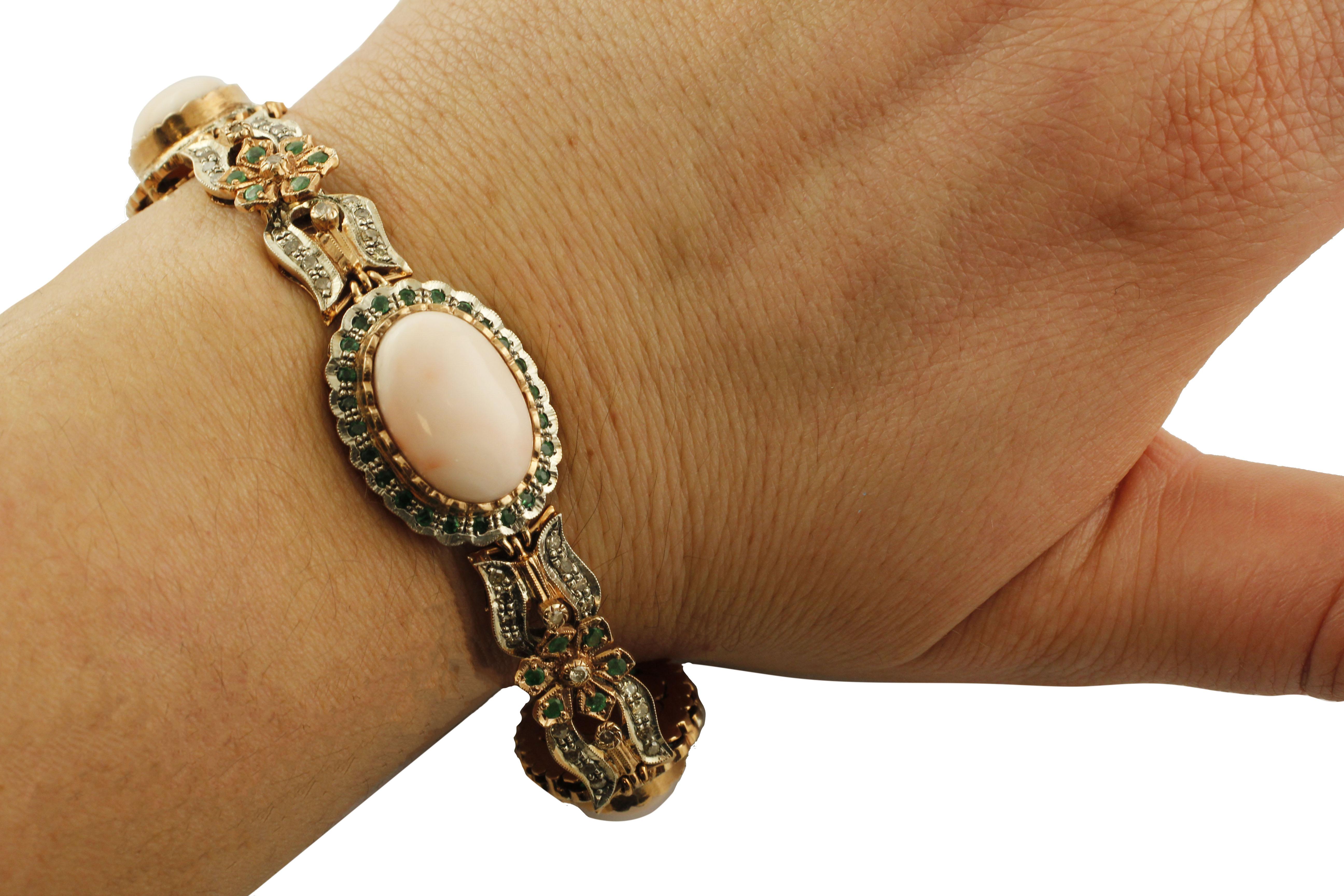 Diamonds, Emeralds, Oval Shape Pink Corals Rose Gold/Silver Link Fashion Bracelet 3