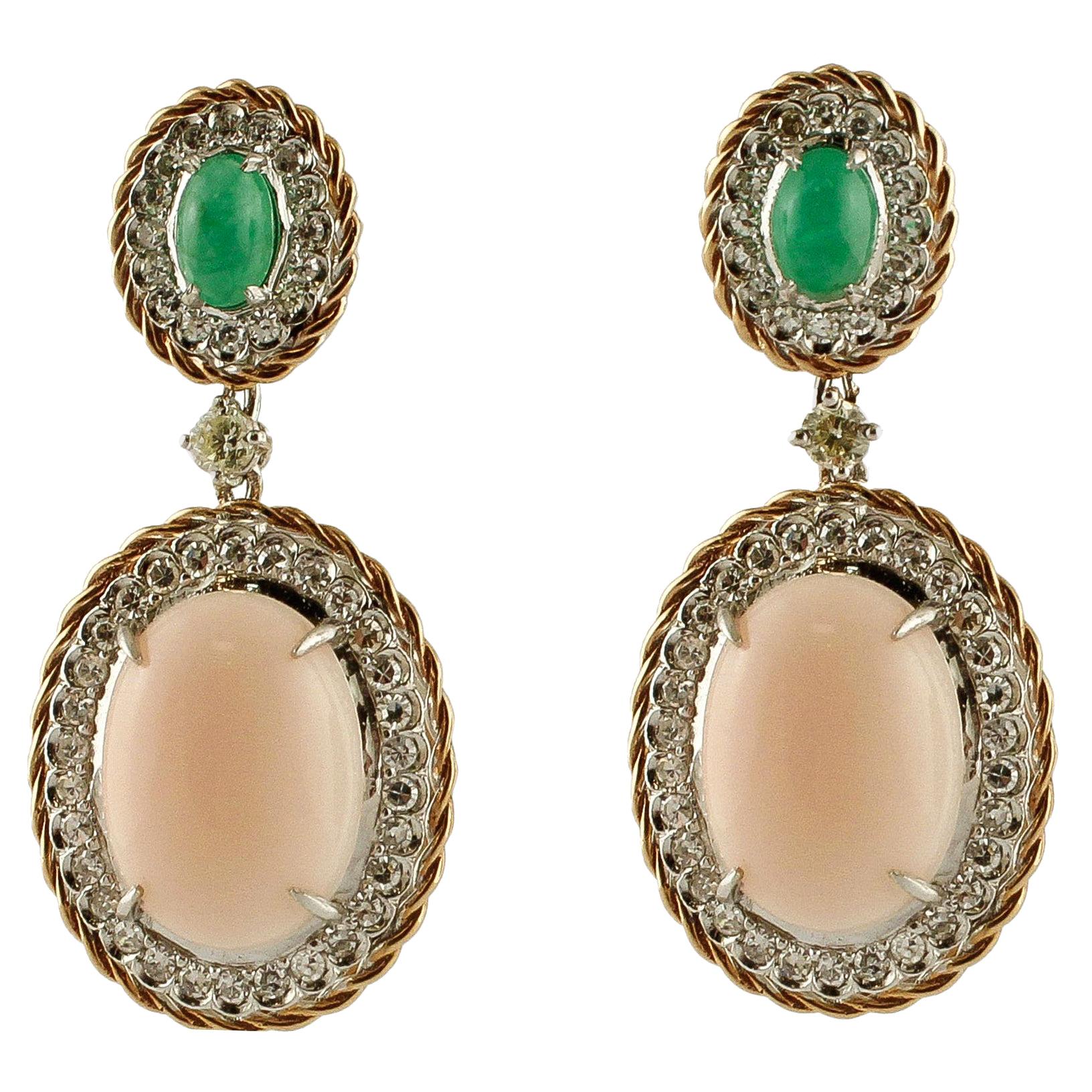 Diamonds, Emeralds, Oval Shape Pink Coral, 14 Karat Rose and White Gold Earrings