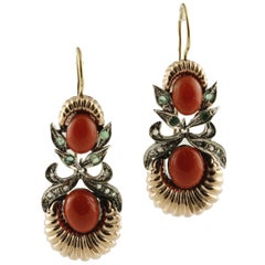 Diamonds Emeralds Red Coral Rose Gold and Silver Earrings