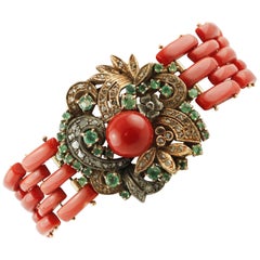 Diamonds, Emeralds, Red Rubrum Coral Rose Gold and Silver Retrò Bracelet