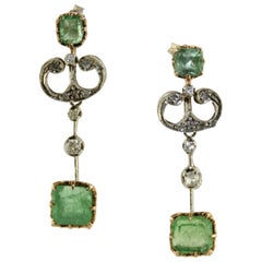 Vintage Diamonds Emeralds Rose Gold and Silver Earrings