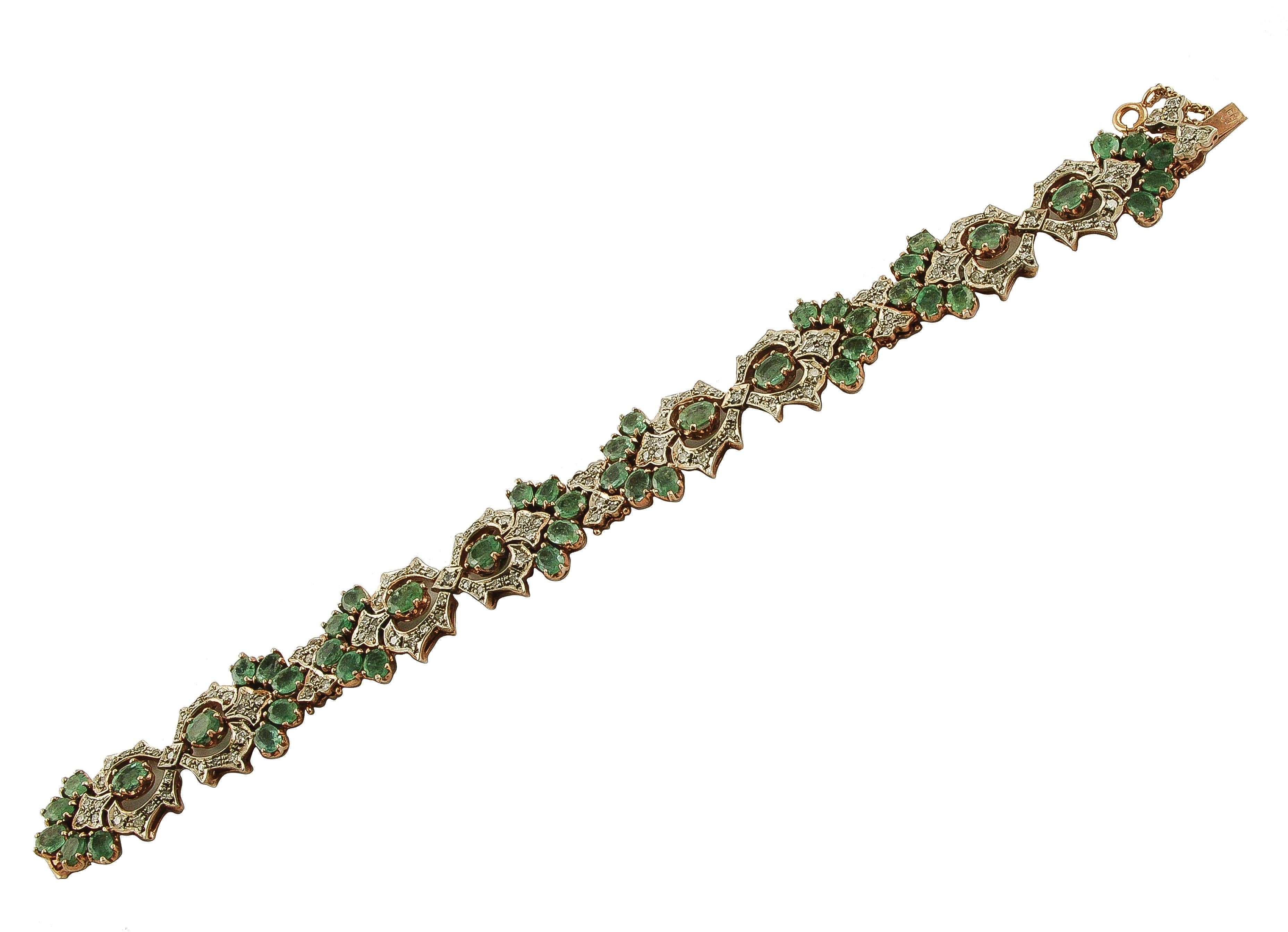 Diamonds Emeralds Rose Gold and Silver Fashion Retrò Link Bracelet In Excellent Condition In Marcianise, Marcianise (CE)