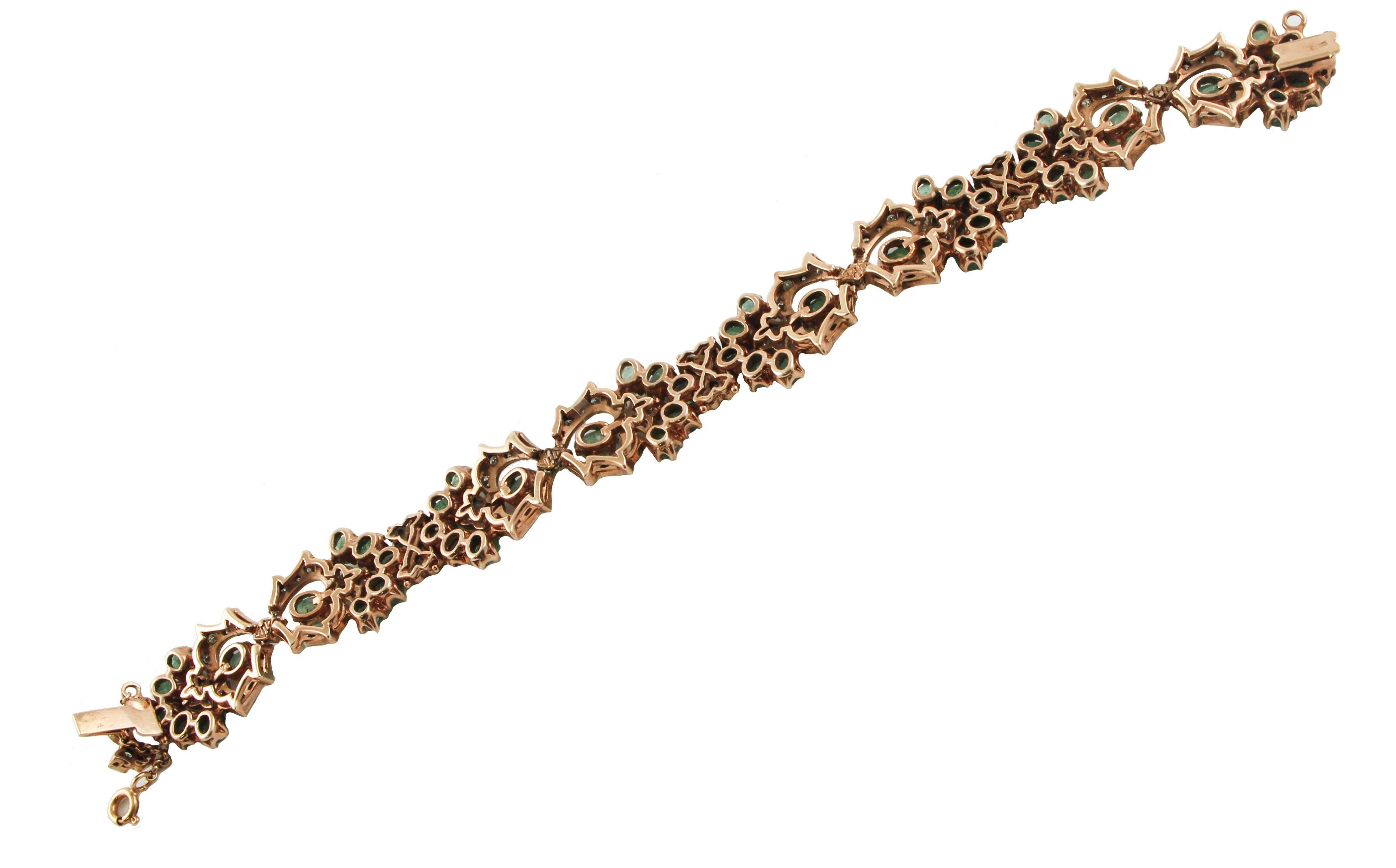 Women's Diamonds Emeralds Rose Gold and Silver Fashion Retrò Link Bracelet