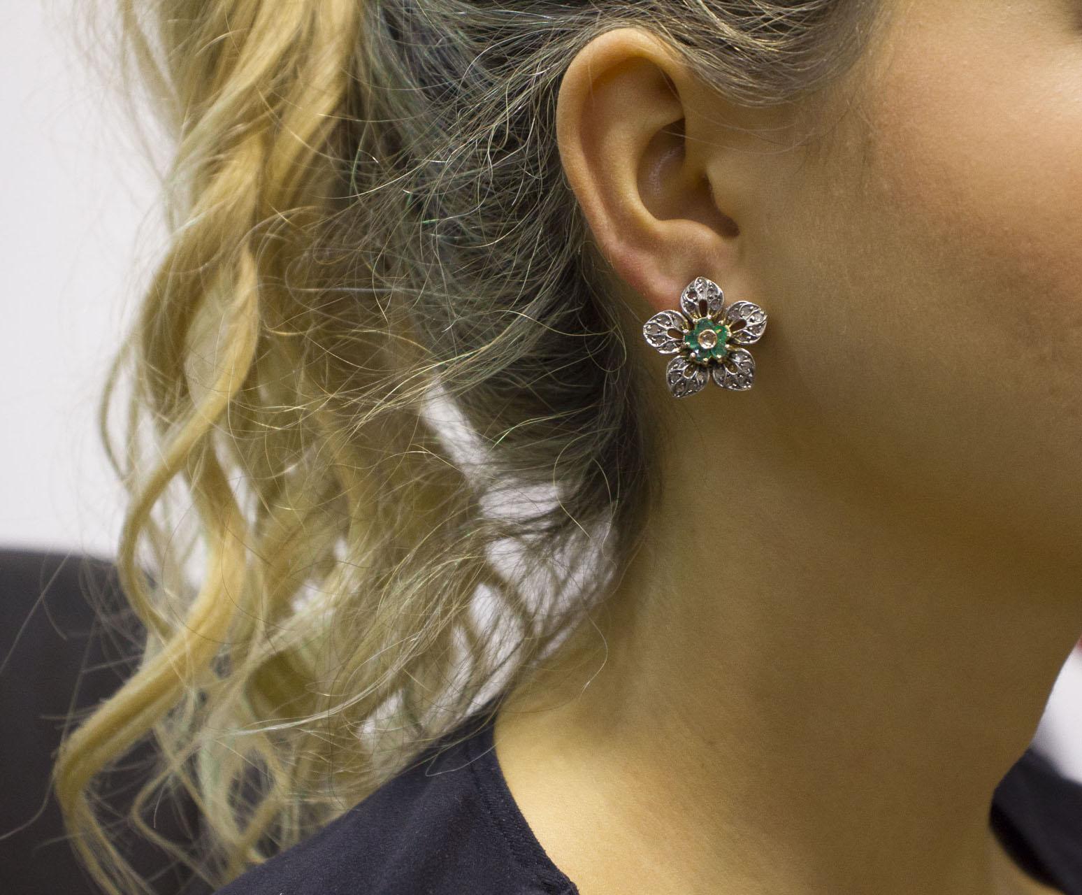 Women's Diamonds Emeralds Rose Gold and Silver Flower Shape Earrings