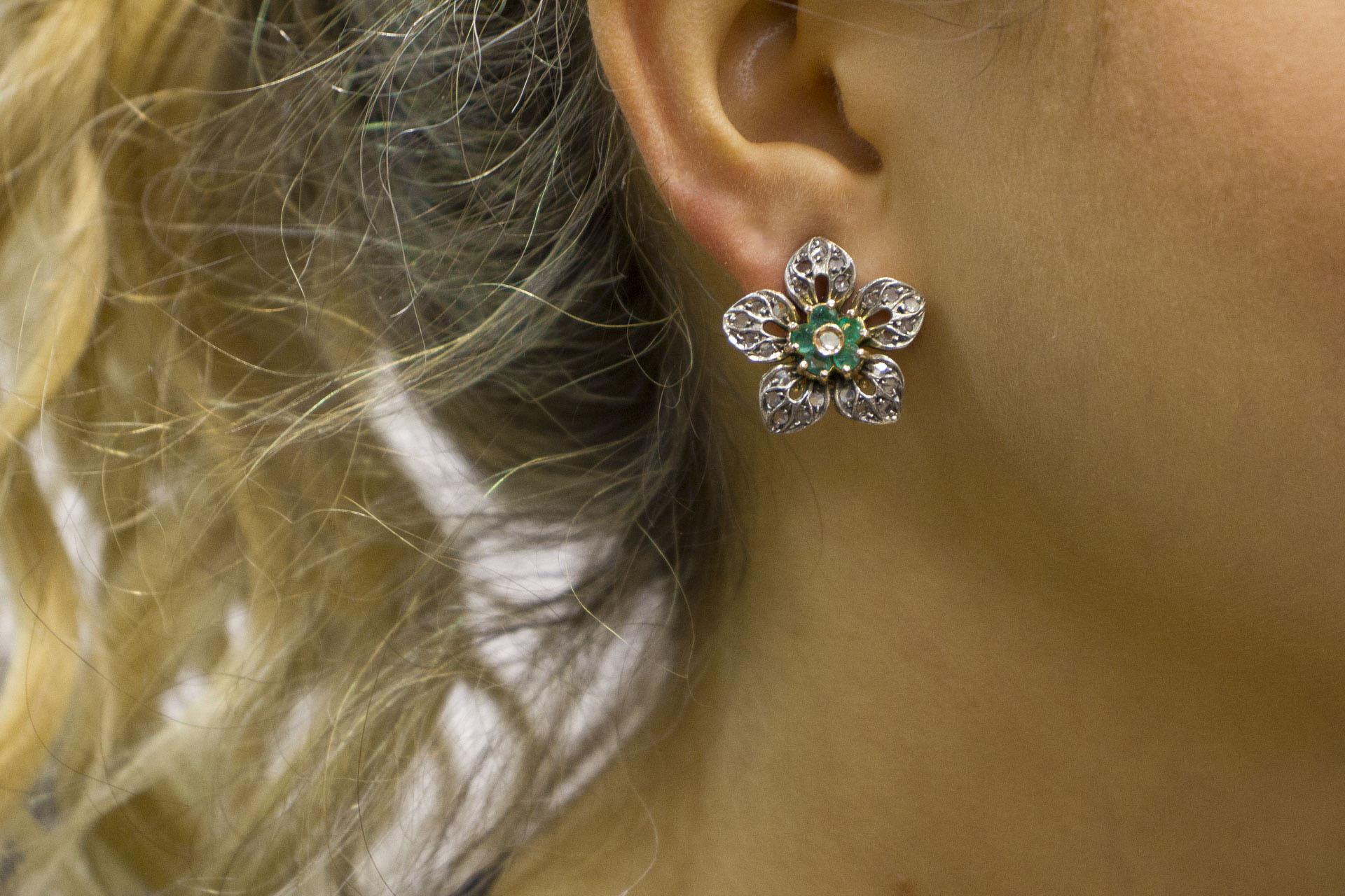 Diamonds Emeralds Rose Gold and Silver Flower Shape Earrings 1