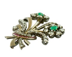Diamonds, Emeralds, Rubies, 18 Karat Gold and Silver Retro Brooch