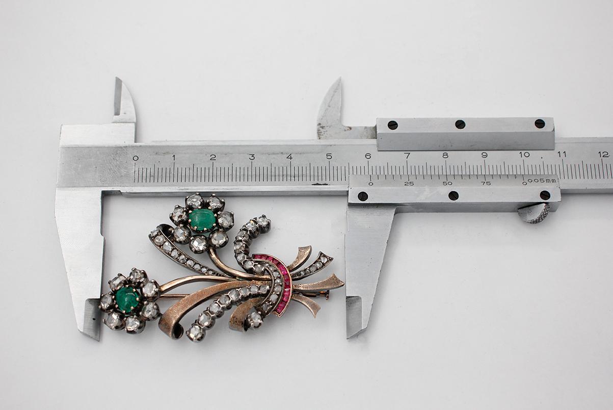 Diamonds, Emeralds, Rubies, 18 Karat Gold and Silver Retro Brooch 2