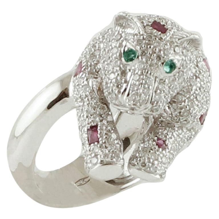 Diamonds, Emeralds, Rubies, 18 Karat White Gold Bear Ring