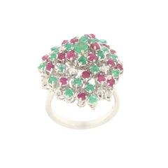 Diamonds Emeralds Rubies 18 Karat White Gold Cockatil Ring