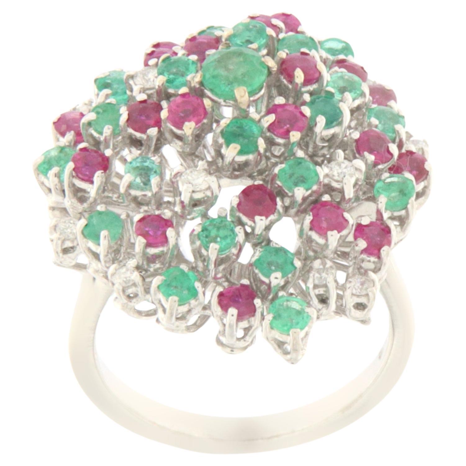 Diamonds Emeralds Rubies 18 Karat White Gold Cockatil Ring For Sale