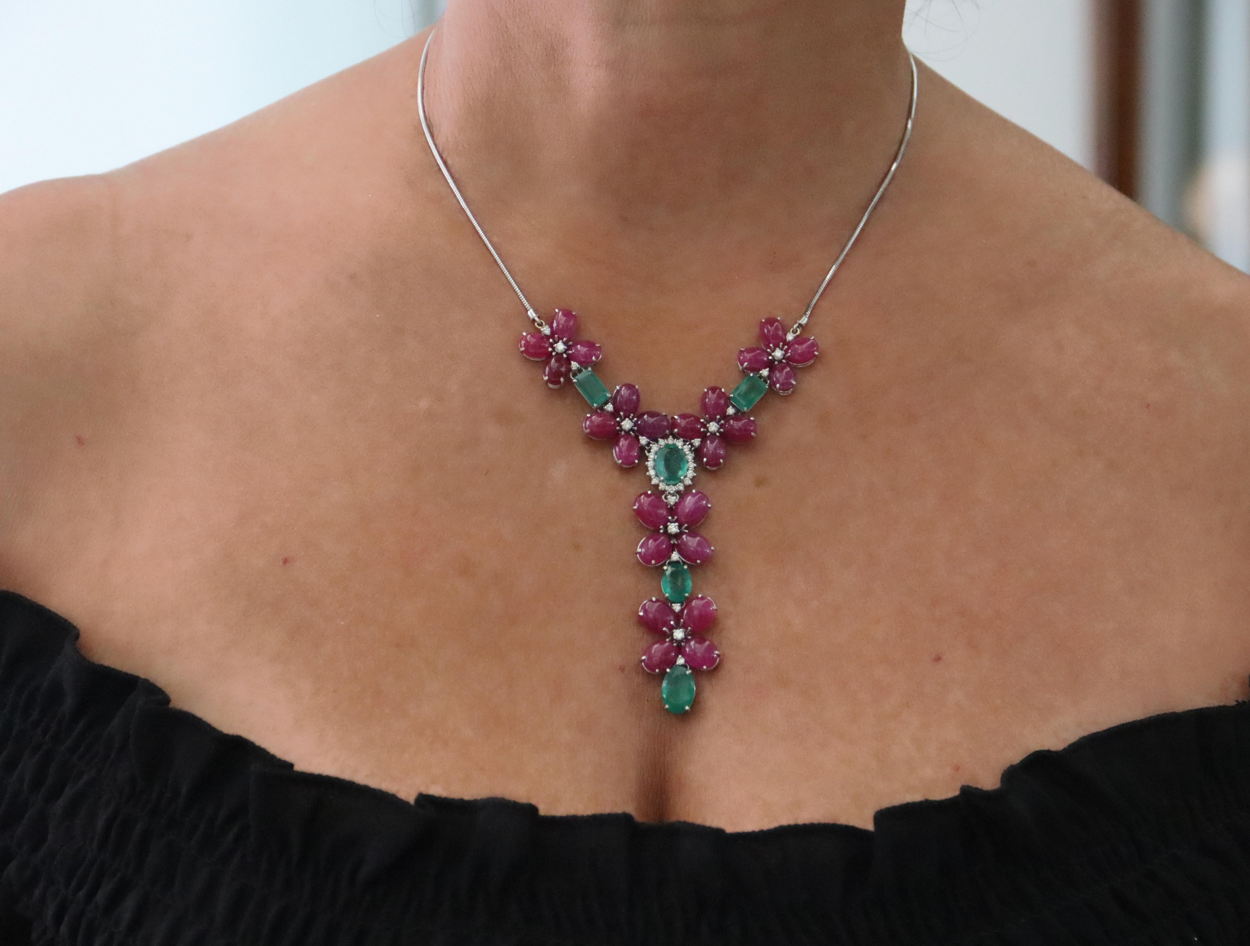 Diamonds Emeralds Rubies 18 Karat White Gold Necklace In New Condition For Sale In Marcianise, IT