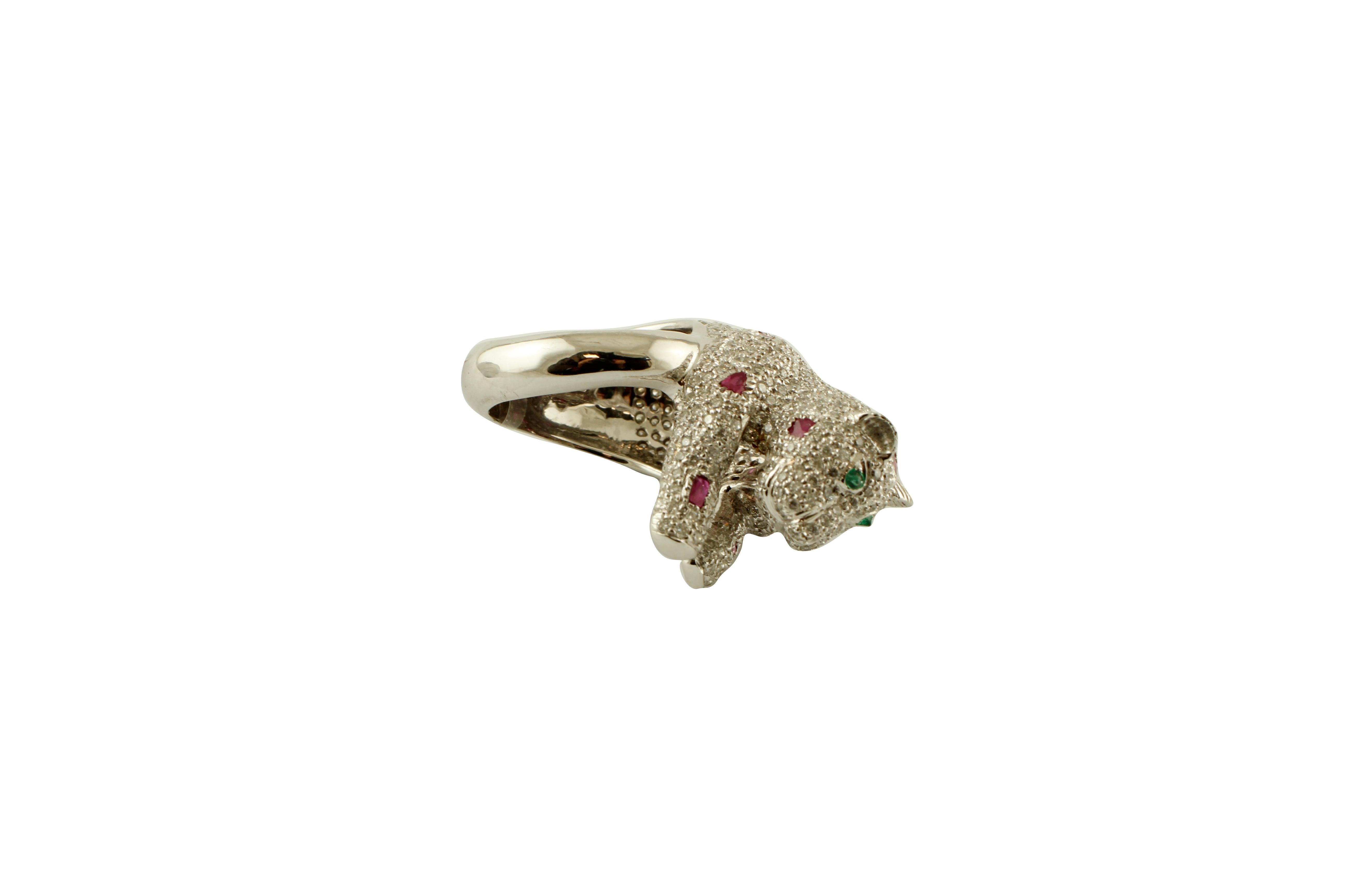 Retro Diamonds, Emeralds, Rubies, 18 Karat White Gold Bear Ring