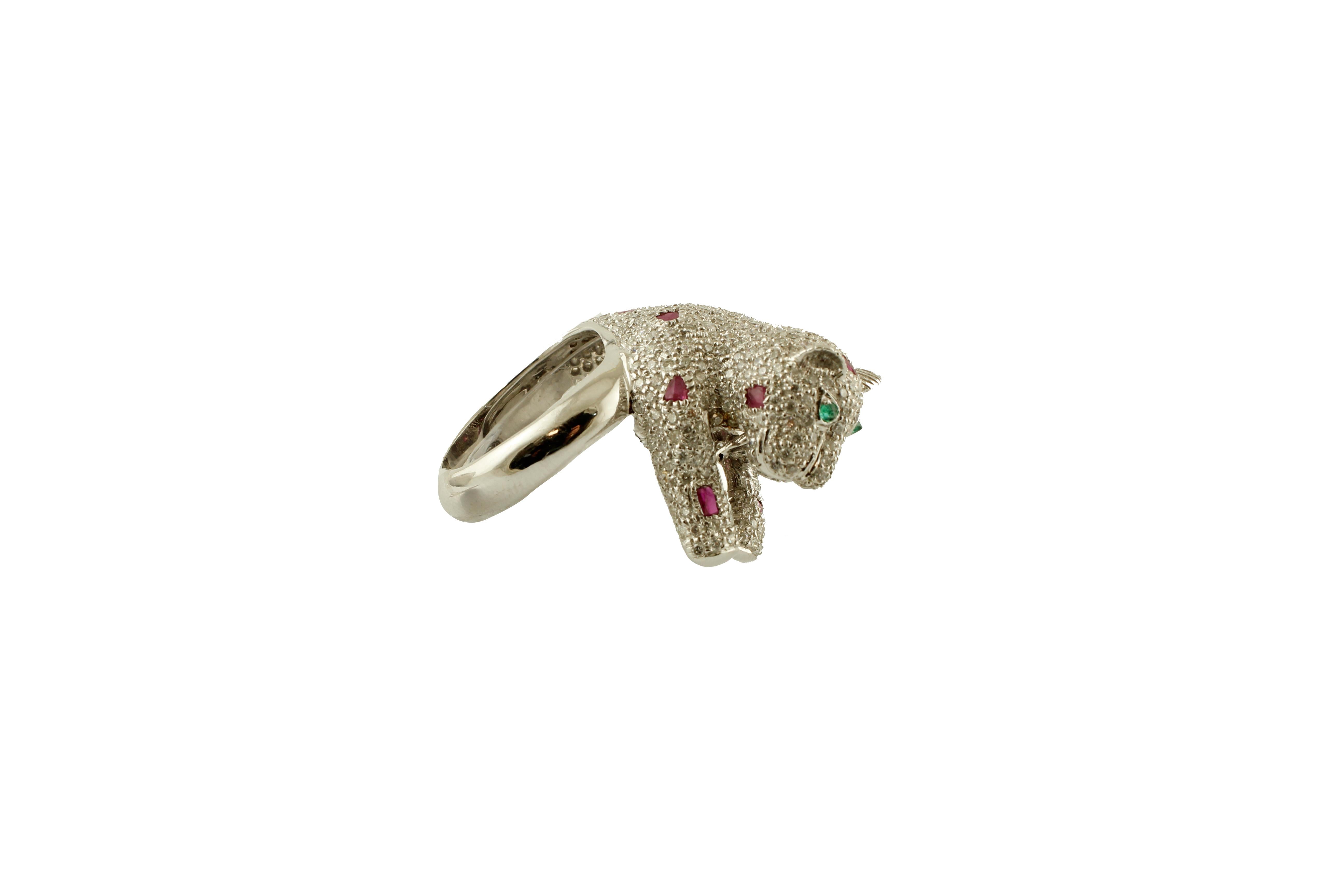 Round Cut Diamonds, Emeralds, Rubies, 18 Karat White Gold Bear Ring