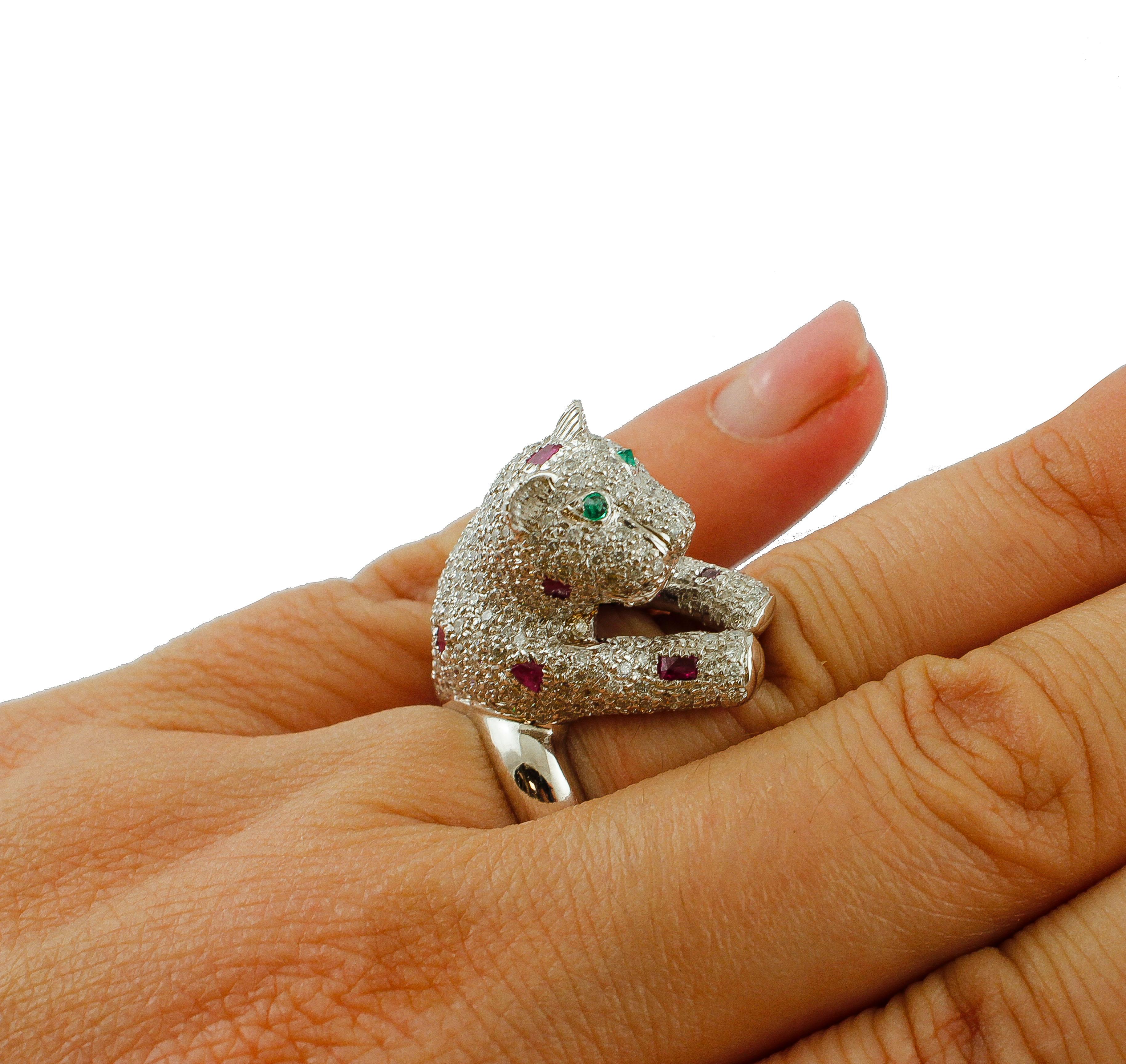 Women's Diamonds, Emeralds, Rubies, 18 Karat White Gold Bear Ring