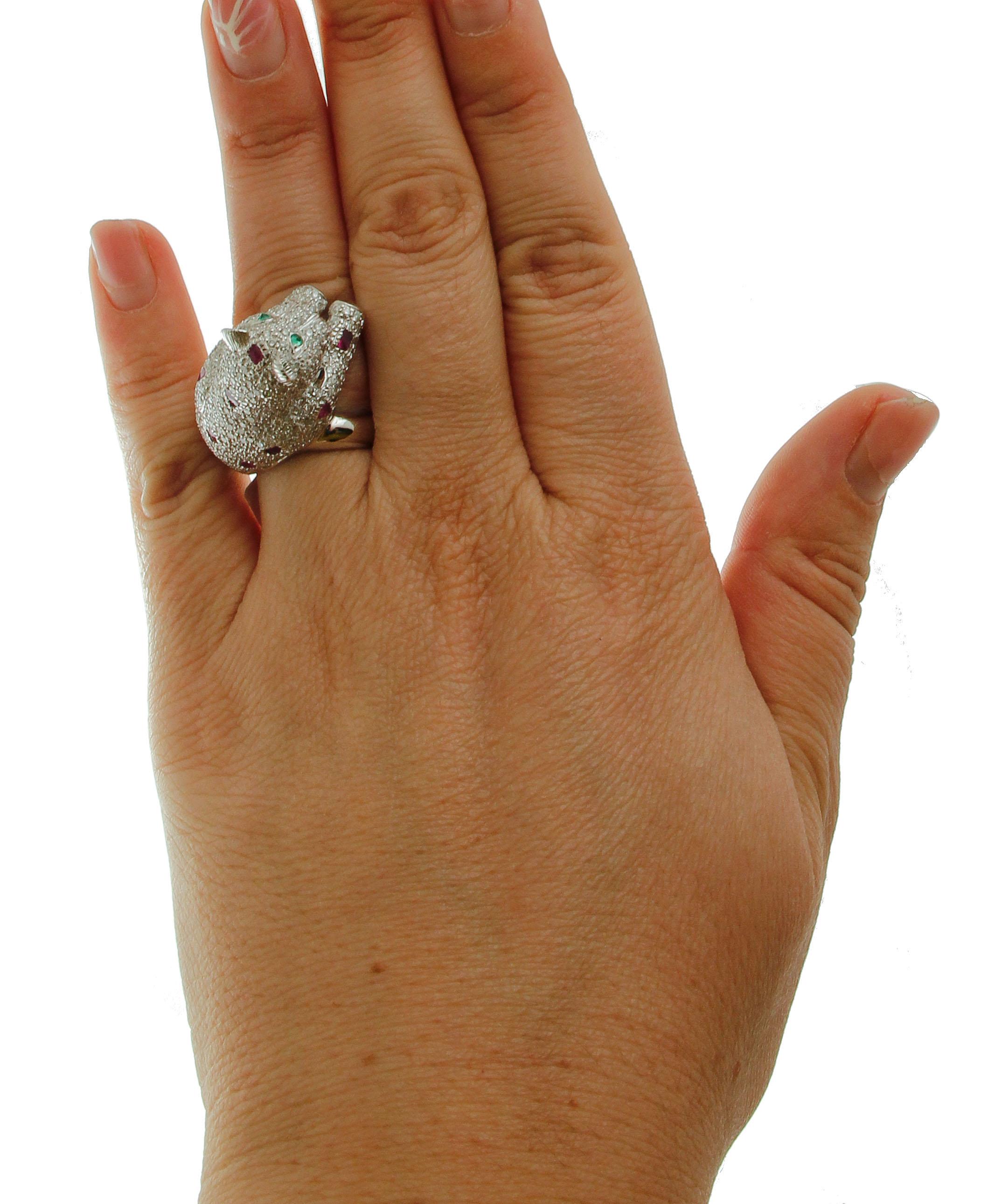 Diamonds, Emeralds, Rubies, 18 Karat White Gold Bear Ring 1