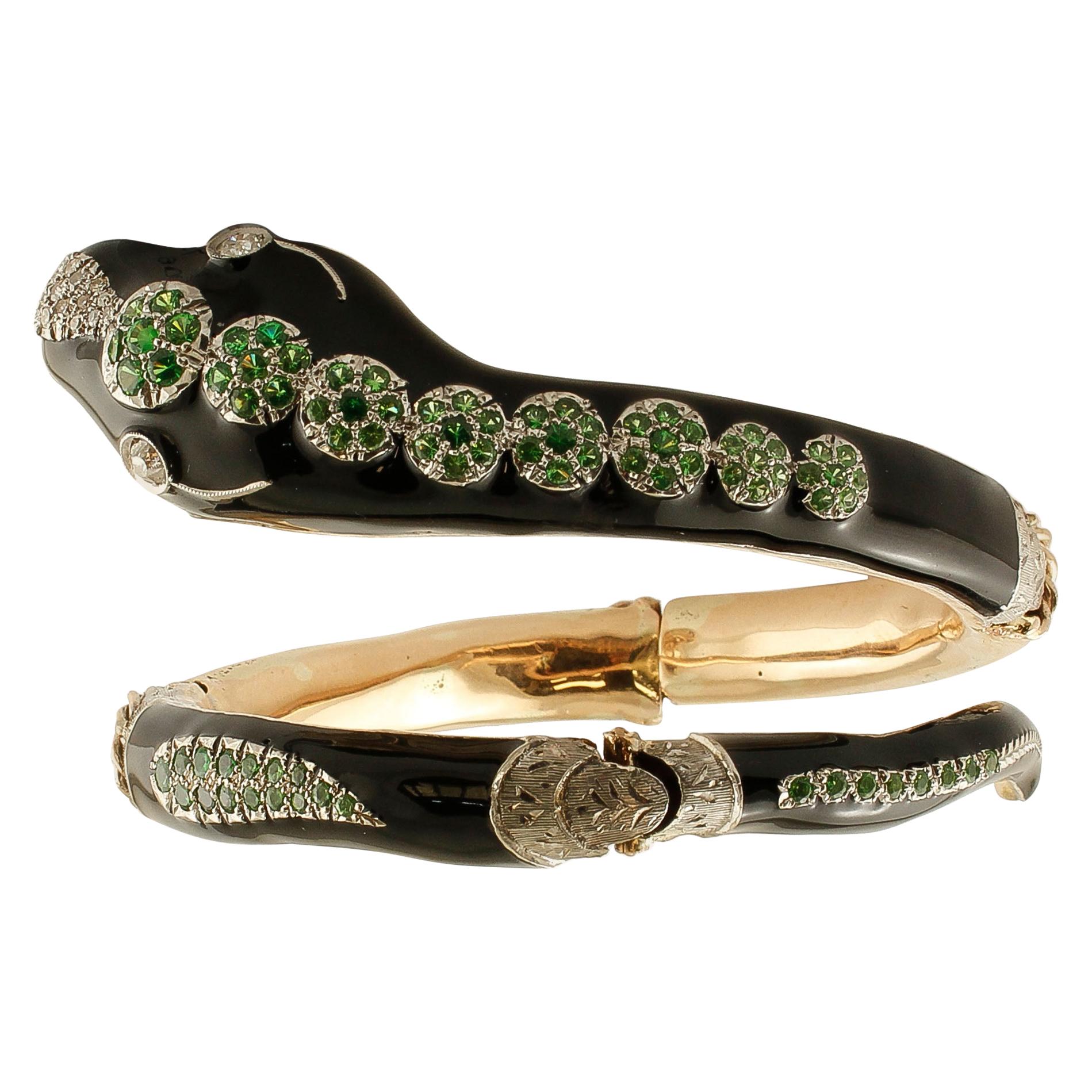 Diamonds, Tsavorite, 9k Yellow Gold , Silver & Enamel , Vintage Snake Bracelet