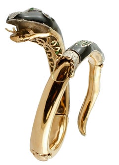 Diamonds, Tsavorite, 9k Yellow Gold , Silver & Enamel , Vintage Snake Bracelet