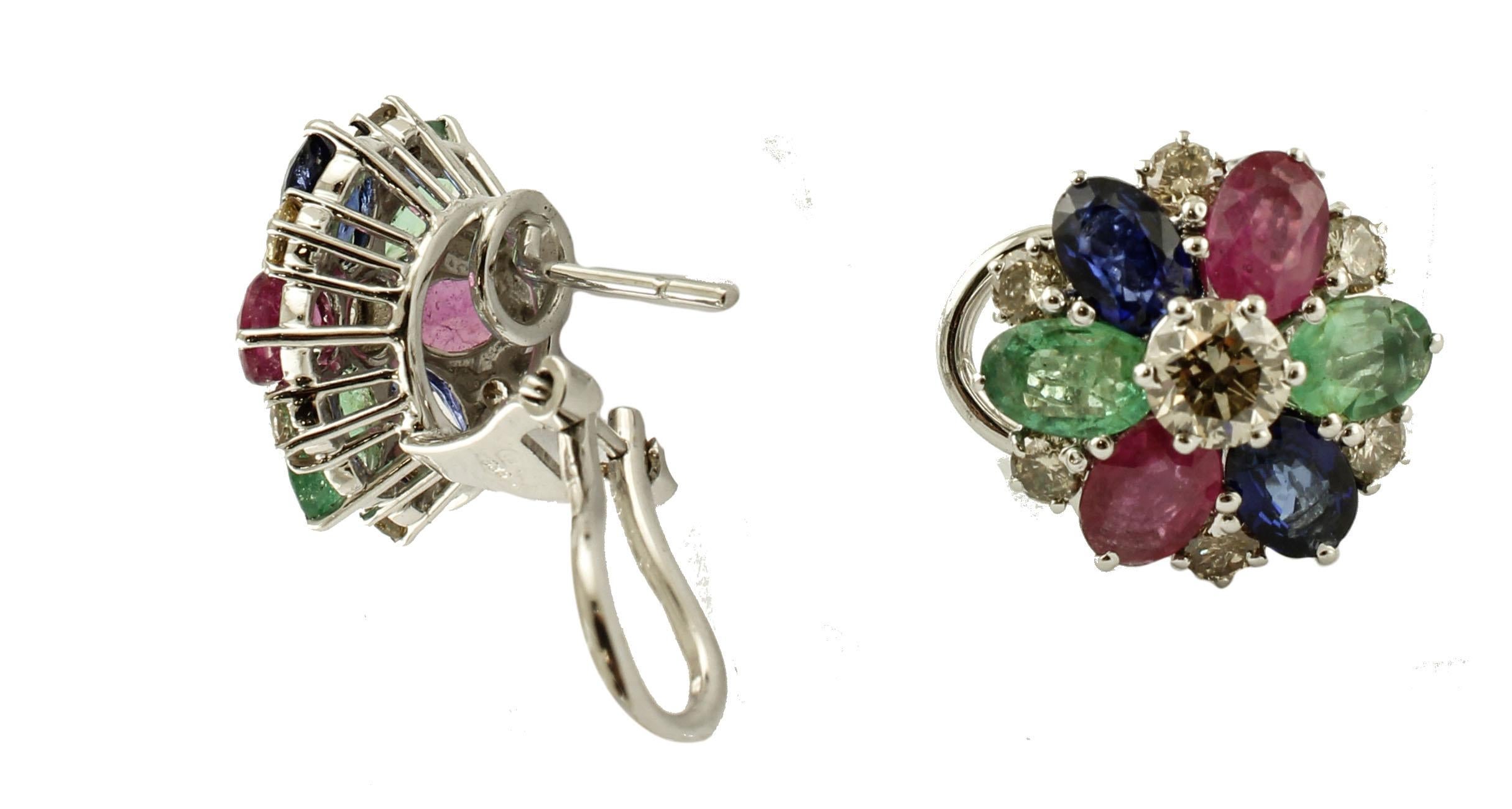 Diamonds, Emeralds, Rubies, Blue Sapphires, 14 Karat White Gold Stud Earrings In Excellent Condition In Marcianise, Marcianise (CE)