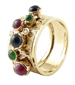 Diamonds, Emeralds, Rubies, Blue Sapphires, 14 Karat Yellow Gold Vintage Ring