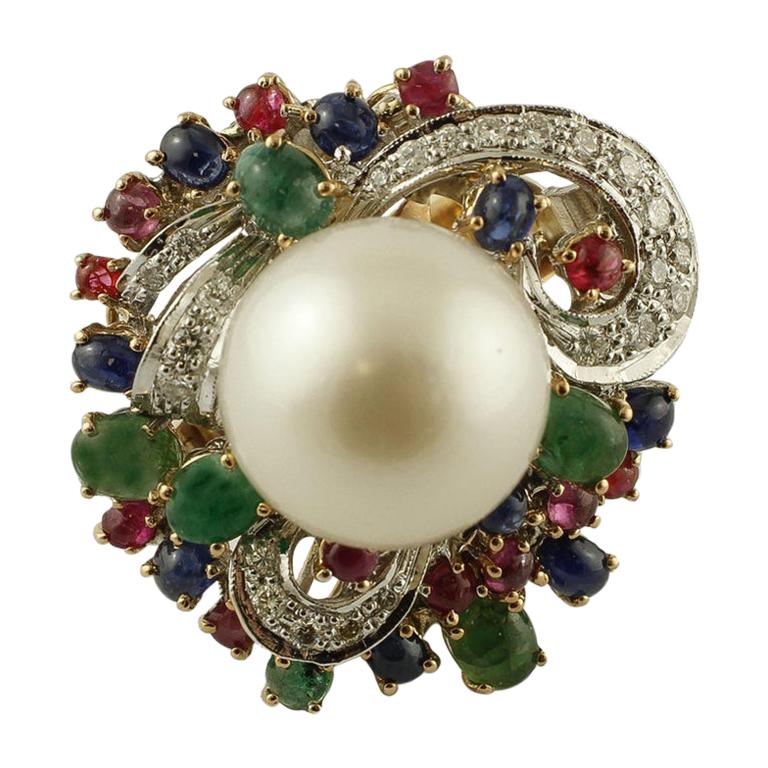 Diamonds, Emeralds, Rubies, Blue Sapphires, Pearl 14 Karat White and Yellow Gold