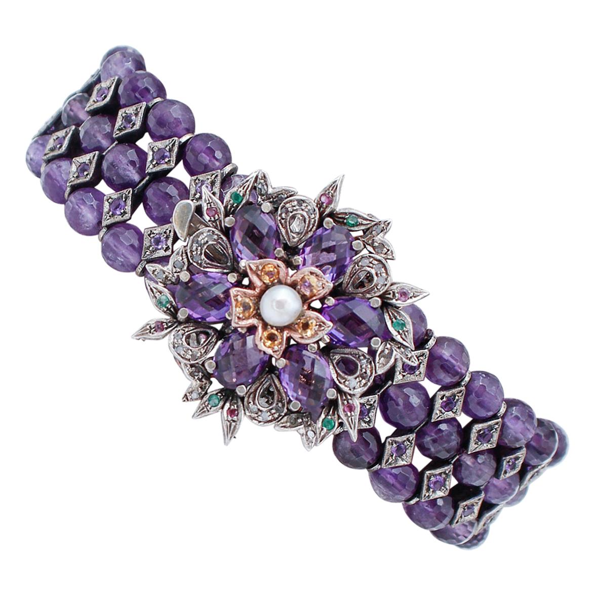 Diamonds Emeralds Rubies Hydro Amethysts Stones Pearl Gold and Silver Bracelet For Sale