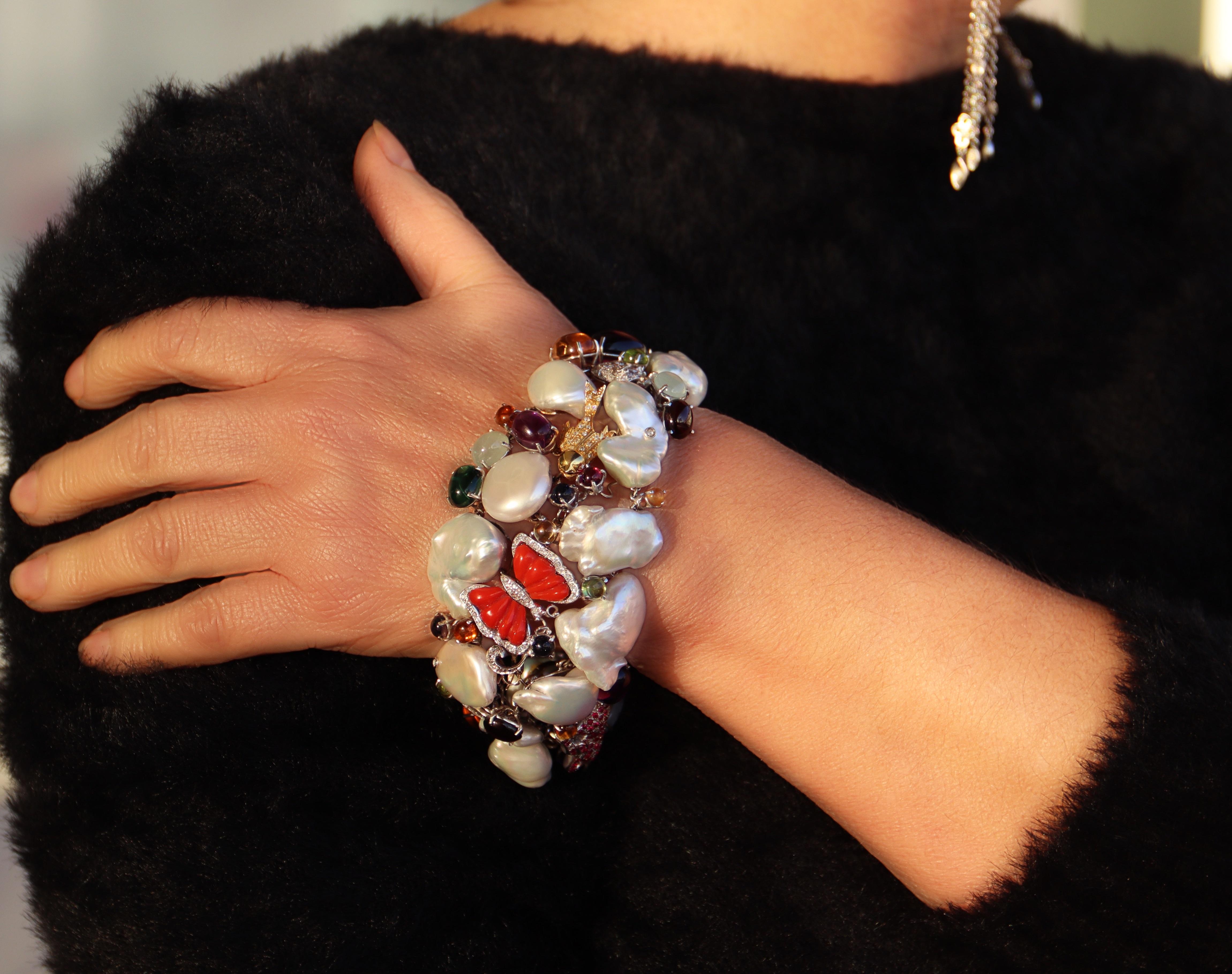 Diamonds Emeralds Rubies Pearls 18 Karat White Gold Cuff Bracelet For Sale 4