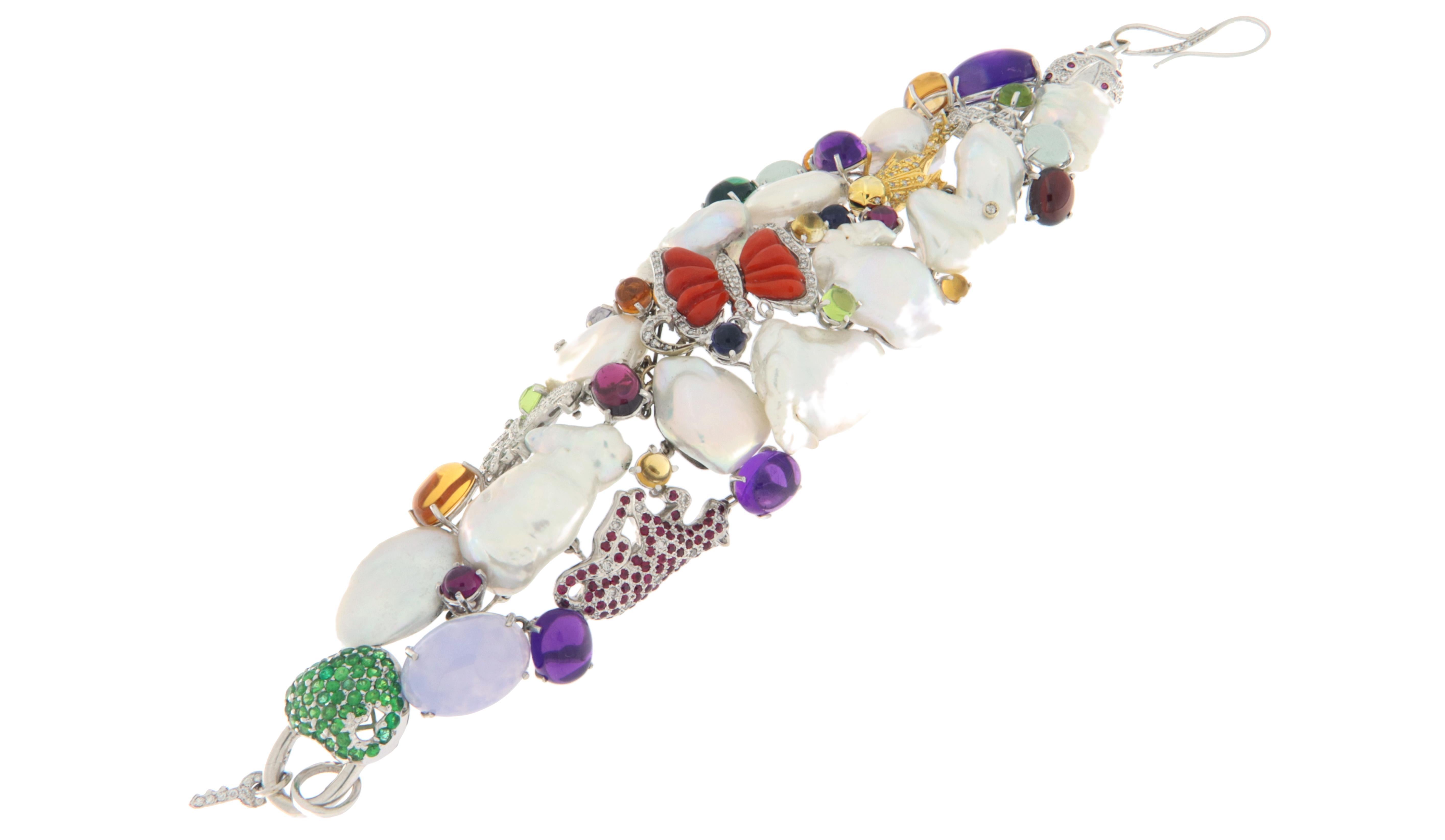Modern Diamonds Emeralds Rubies Pearls 18 Karat White Gold Cuff Bracelet For Sale