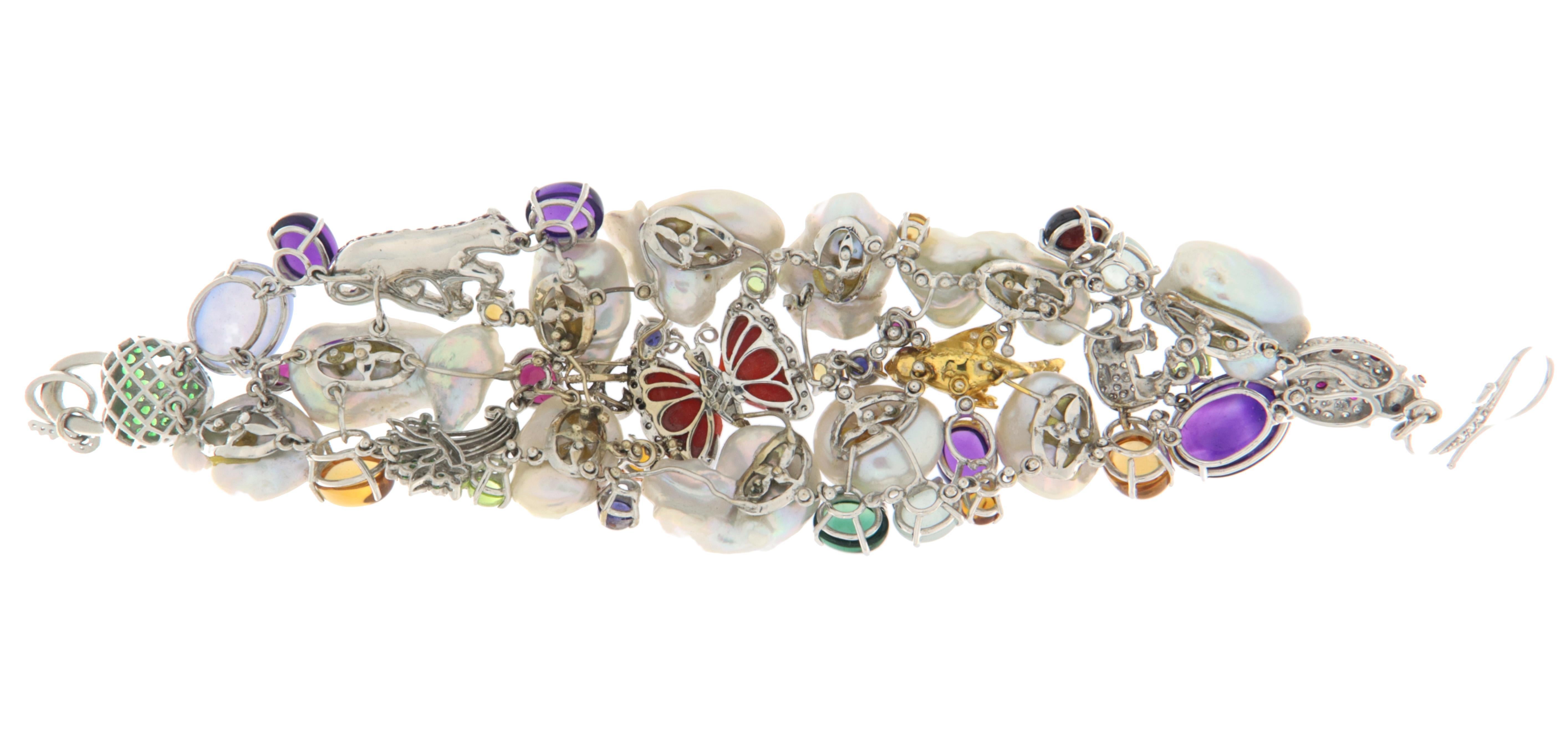 Brilliant Cut Diamonds Emeralds Rubies Pearls 18 Karat White Gold Cuff Bracelet For Sale