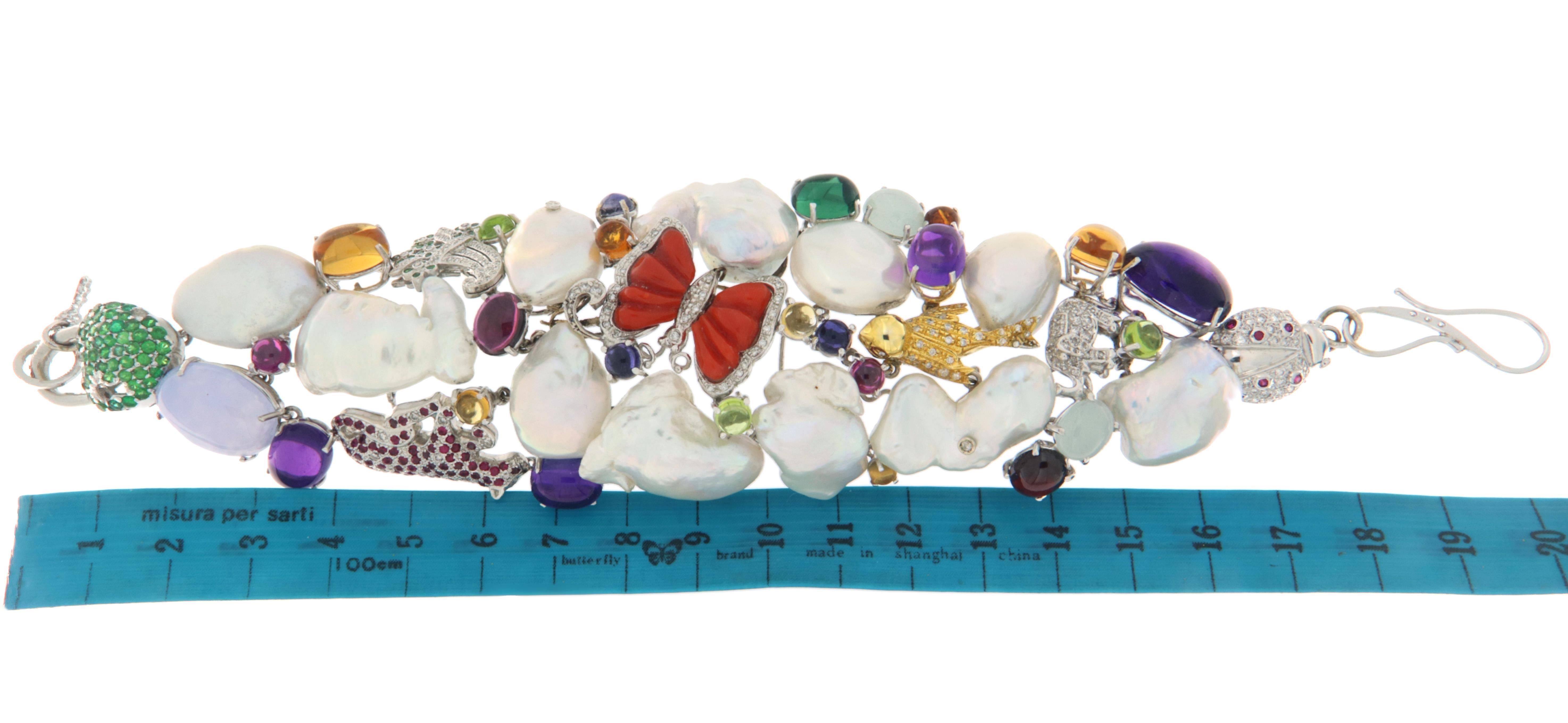 Diamonds Emeralds Rubies Pearls 18 Karat White Gold Cuff Bracelet In New Condition For Sale In Marcianise, IT