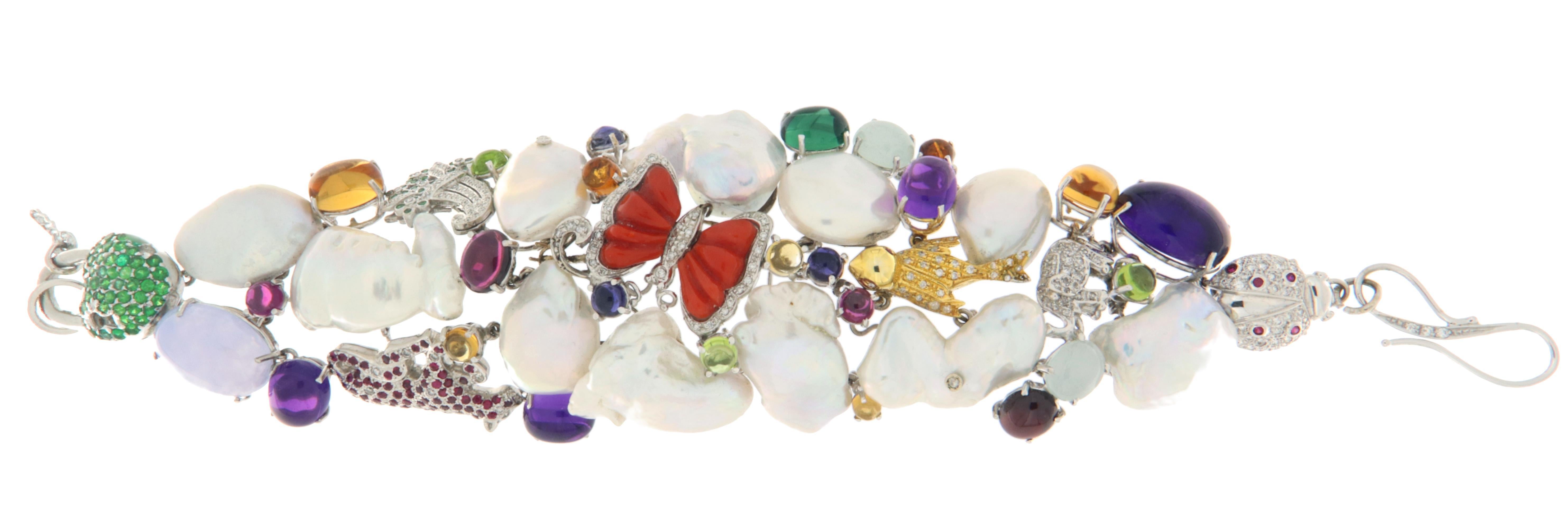 Women's Diamonds Emeralds Rubies Pearls 18 Karat White Gold Cuff Bracelet For Sale